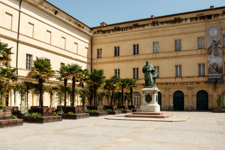 AJACCIO, CORSICA, FRANCE, AUGUST 30, 2016: Statue of cardinal Joseph Fesch in the foreground of the museumのeditorial素材