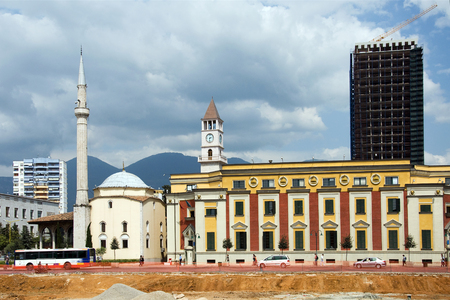 Et'Hem Bey Mosque and Clock Tower on Skanderbeg square of Tirana, Albaniaの写真素材