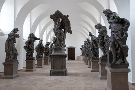 KUKS, CZECH REPUBLIC - MAY 16, 2019: Hall of stone collection with statues that depict vices and virtues in the historical hospital Kuks, Czech Republic. The sculptor Matthias Braun created the sculptures in 1712-1731のeditorial素材