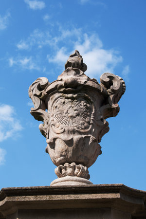 STRILKY, CZECH REPUBLIC, JUNE 16, 2018 - One of the four large stone vases on the walls of the unique baroque cemetery in the village of Strilky, Moraviaのeditorial素材