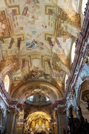 VELEHRAD, CZECH REPUBLIC - JUN 01, 2019: Interior of the Basilica of Assumption of Virgin Mary Cyril and Methodius with rich decoration and painted ceilingのeditorial素材