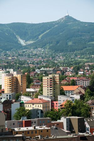 A picture of the city of Liberec from the town hall tower, in the background and television transmitter on Jestedの写真素材