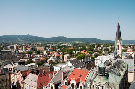 A picture of the city of Liberec from the town hall tower, in the background a television transmitter on Jestedのeditorial素材