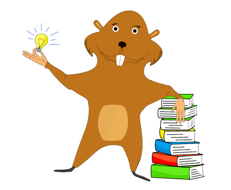 Illustration beaver which one hand is based on the book and the other holding a light bulb symbolizing an idea.のイラスト素材