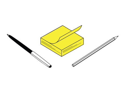 Illustration of papers to write memos, pencil and pen nearby.のイラスト素材