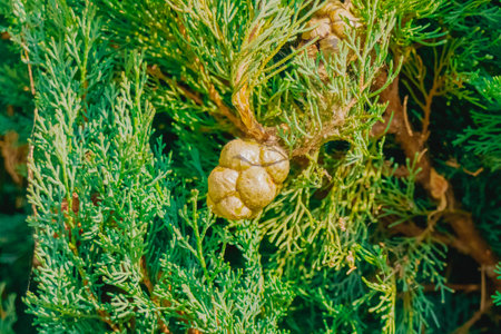 Close-up of a cedar tree branch with a developing cone surrounded by dense green needles under natural sunlight, showcasing botanical texture, organic growth, and serene garden beauty.の写真素材