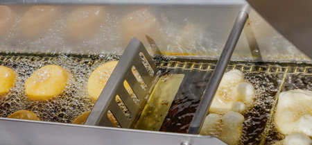 Fresh pastries sizzling in bubbling hot oil inside a fryer at a local market stall, capturing the golden color, aroma, and texture of traditional street food cooking in natural daylight.の写真素材