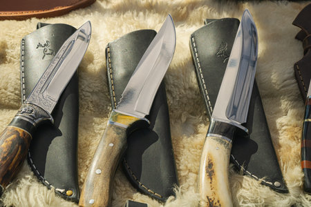 Close-up of handcrafted hunting knives with polished steel blades and decorative handles placed on...