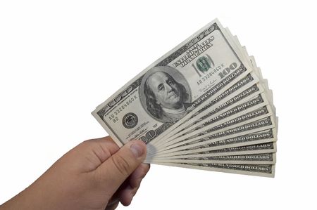 thousand US dollars in hand on the gwhite backgroundの写真素材