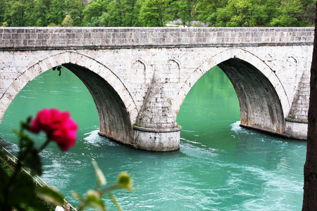 Famous bridge od the river Drina in Visegrad Republika Srpska Bosnia and Herzegovinaの写真素材
