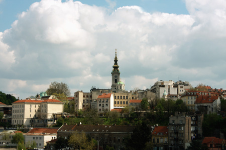 Belgrade, capital of Serbia with church tower on the topの写真素材