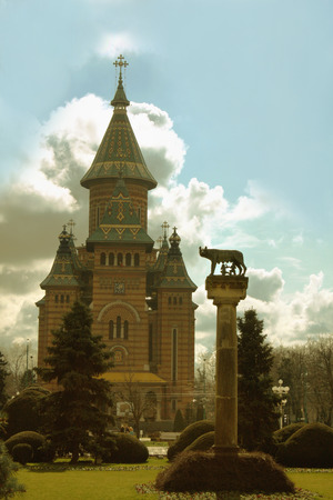 Orthodox Cathedral and wolf, symbols of Timisoara, Romania.の写真素材