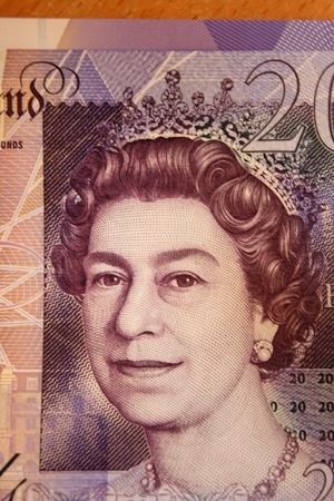 British 20 pounds with British queen on it.の写真素材