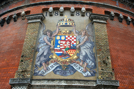 Road to Royal Palace with ancient mosaic Coat of Arms on Castle Hill wall in Budapest, Hungary.のeditorial素材