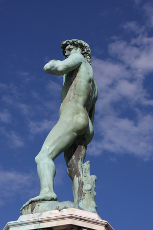 David Statue at Piazzale Michelangelo, built in 1869 and designed by architect Giuseppe Poggi on a hill just south of the historic center, on the left bank of the Arno river in Florence, Italyの写真素材