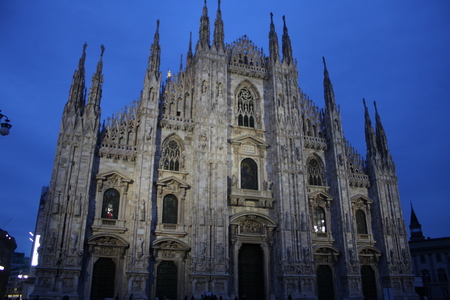 Night scene of Duomo Milan Cathedral in Italyの写真素材