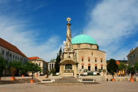 Szechenyi Square in Pecs with mosque, Southern Hungary.の写真素材