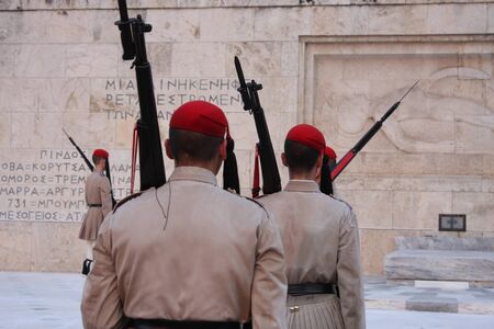 the Evzones or Evzonoi - Greek soldiers. This is the name of several historical elite light infantry and mountain units of the Greek Armyの写真素材