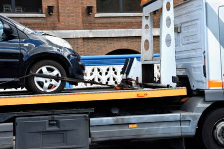 New car transported on tow trackの写真素材