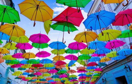 Colorful umbrellas in the city of Lisbon, Portugal.の写真素材