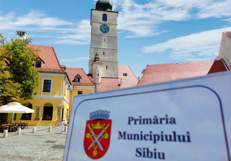 Town hall in Sibiu, Romaniaの写真素材