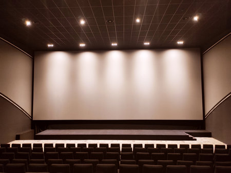 empty cinema auditorium with seats and lighting, closeup of photoの写真素材