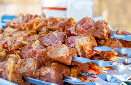 Fresh meat, prepared for roasting on a picnicの写真素材