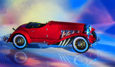 dark red retro car, on abstract blue background