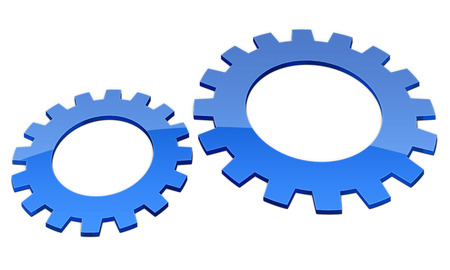 two blue gears against each other isolated on white backgroundの写真素材