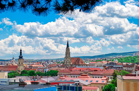 Aerial view with St. Michael's Church-tower, the largest Gothic-style church in Cluj, Romaniaの写真素材