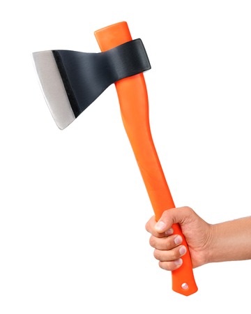 Axe in hand, isolated on white backgroundの写真素材