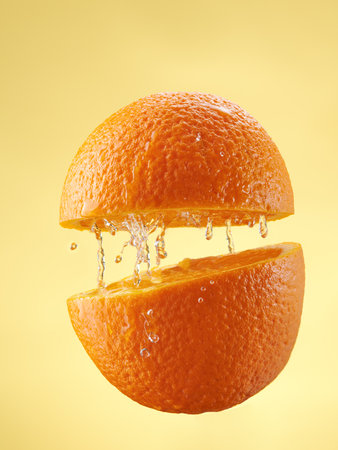 Orange juice from orange fruit in motion. Splash of juiceの写真素材