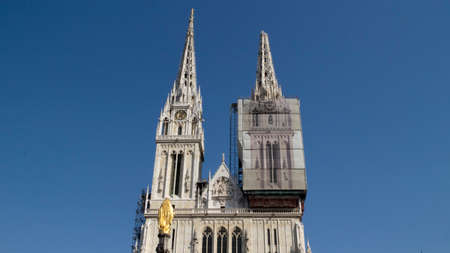 Zagreb, Croatia-May 4th, 2020: Zagreb`s gothic cathedral damaged in earthquake, south tower broken off, while north one had to be removed few weeks later because of security measuresのeditorial素材