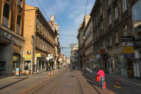 Zagreb, Croatia-April 21st,2020: Zagreb city center during corona virus lock down and after earthquake, with police tracks alerting loose building parts threatening to fall to the groundのeditorial素材
