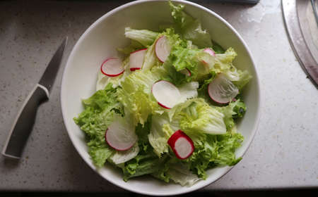 Freshly washed green salad with sliced red radish in white, ceramic bowl on the kitchen counterの写真素材