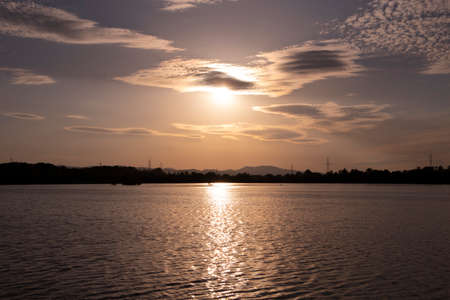 Beautiful sunset over lake Rakitje, fishing paradise for fishermen around Zagreb city and nesting ground for population of tern birds that nest on islands in the lakeの写真素材