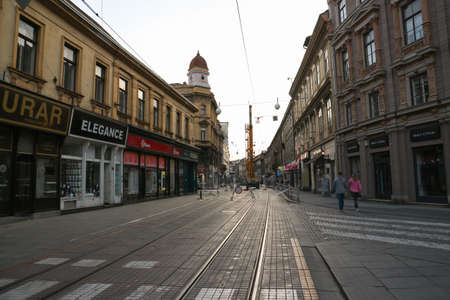 Zagreb, Croatia-May 1st,2020: People walking in "Ilica street", closed for public transport during corona virus epidemic and after earthquake that damaged many older buildingsのeditorial素材