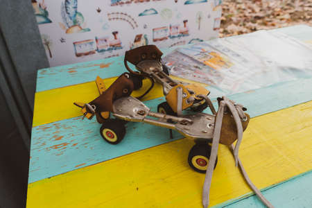 Classic, vintage roller skates used as exhibit in Zagreb advent locations as memory of old times and...