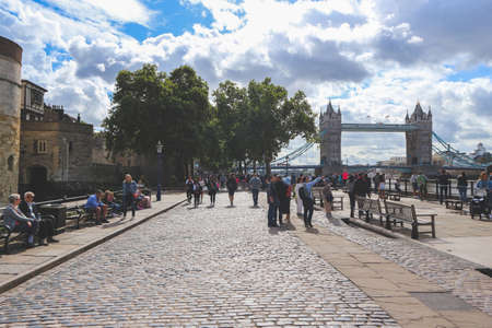 London, England -August 9th, 2018: Wonderful architectural landmark of London city, Tower Bridge rising high above Thames river waterfrontのeditorial素材
