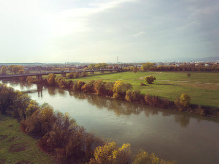 Aerial photography of Sava river near the city of Zagreb, during autumn dayの写真素材