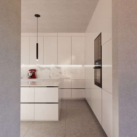 3D rendering of modern, contemporary kitchen made in all white colour in full height from the floor to the ceiling and central table with bar chairsの写真素材