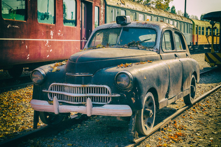 Old rail car in railway museum, Budapest. Faded vintage look.