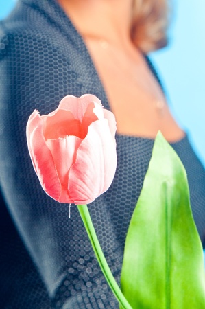The girl gives a pink flower on a blue backgroundの写真素材