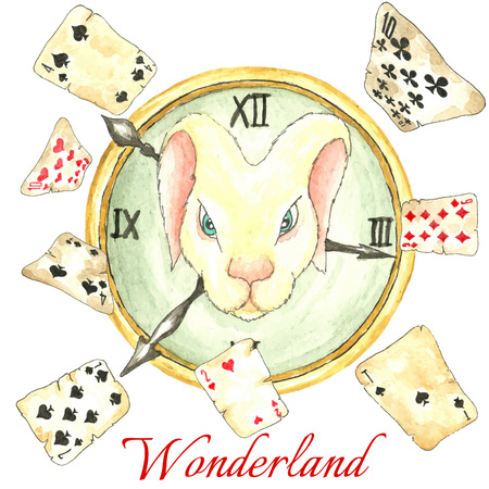 Watercolor fairy tale  vector illustration. Hand drawn vintage art work with white rabbit on the clock and old playing cardsのイラスト素材