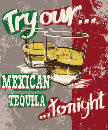 Vintage poster of two stemware with tequila.Grunge effect.Shabby backgroundのイラスト素材