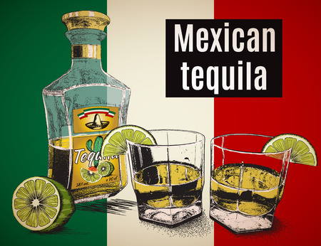 Two stemware of  tequila with bootle Background is a Mexican flag.Vector illustrationのイラスト素材