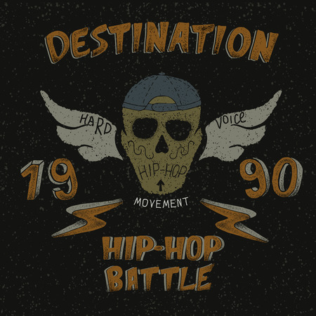 Vintage label with skull for hip-hop design .Grunge effect.Typography design for t-shirtsのイラスト素材
