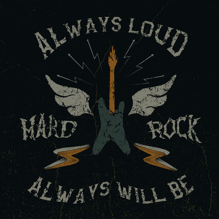 Vintage label. The guitar with wings and hard rock text .Grunge effect.Typography design for t-shirtsのイラスト素材
