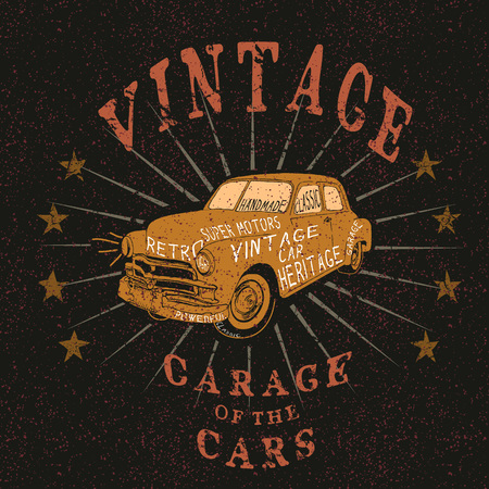 Vintage label with retro car .Grunge effect.Typography design for t-shirtsのイラスト素材