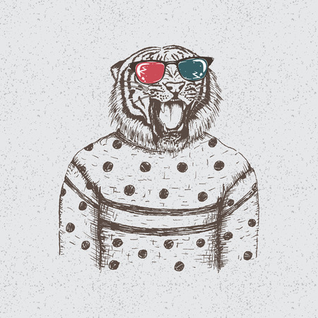 Hipster dtiger dressed in the blouse.Handmade work.Typography design for t-shirtsのイラスト素材